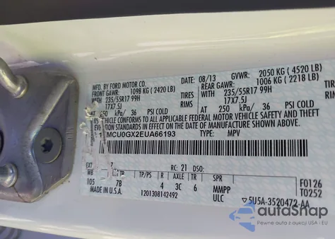 2014 Ford Escape Se z USA, uszkodzony, nr VIN 1FMCU0GX2EUA66193